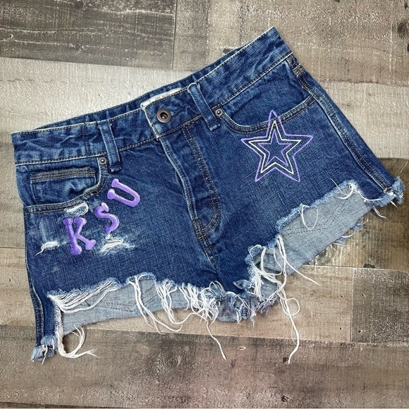 Free People KU Themed Denim Shorts size 25 - Picture 1 of 12